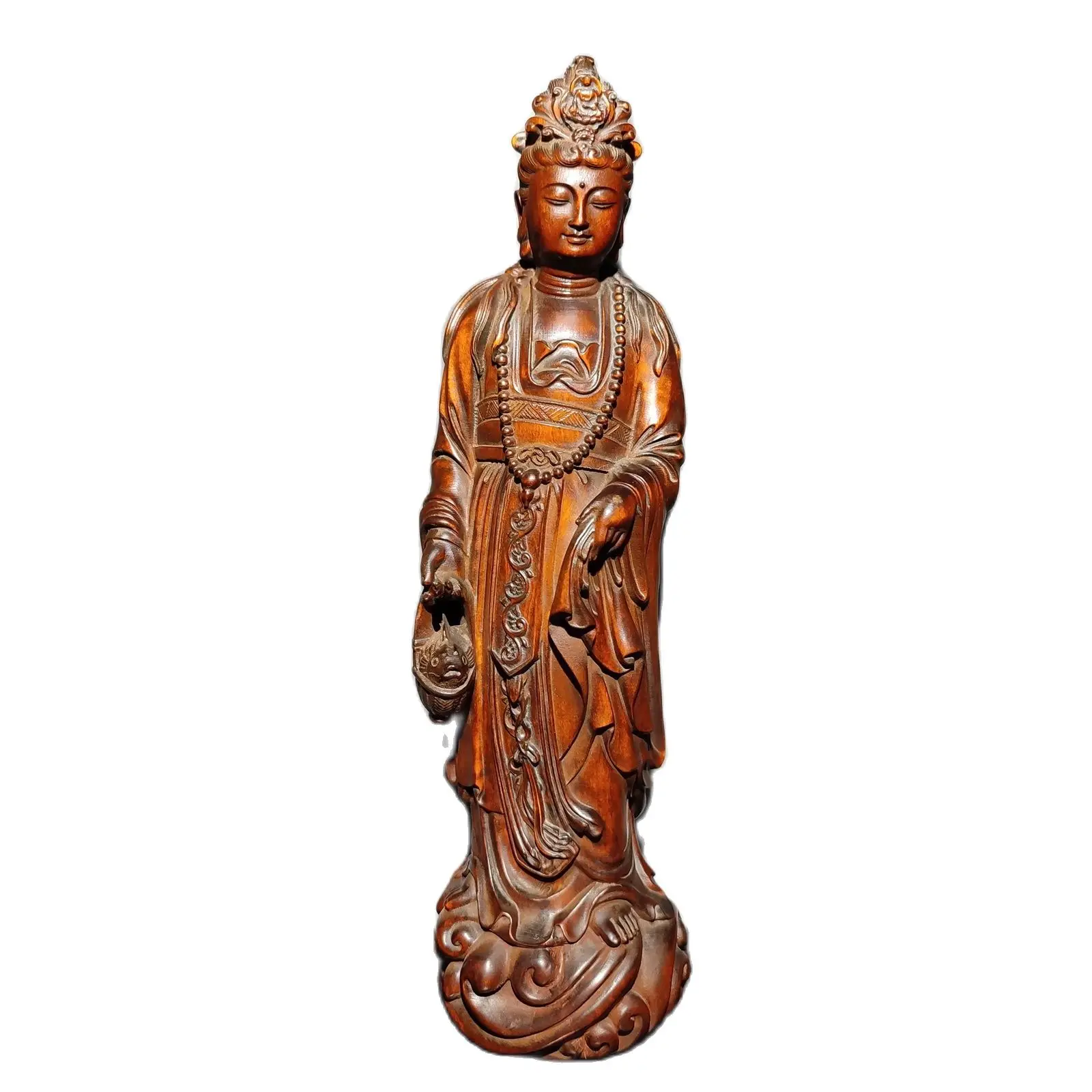 

vintage carving wooden Kwan-yin bodhisattva Shopping basket guanyin praying wood sculpture statue desk Study souvenir