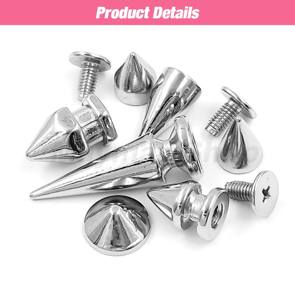 50pcs/Sets Metal Silver Cone Screw Rivets Bullet Spikes Studs DIY Crafts Leather Garment Cool Punk for Bag Shoes Handcraft