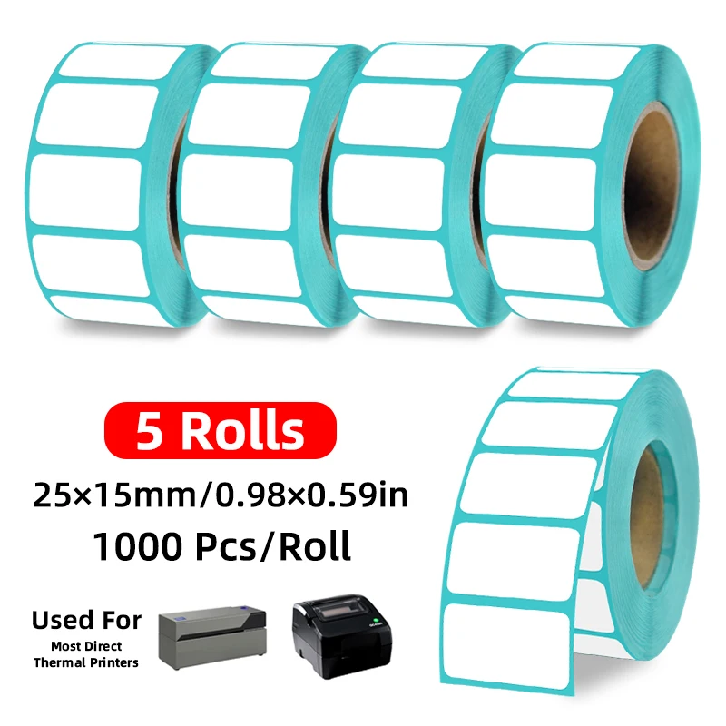 

1000 штук термоэтикеток размером 25-15 мм, самоклеящиеся белые этикетки, набор из 5 рулонов, этикетки для контейнеров, прямоугольные этикетки, диаметр отверстия 40 мм