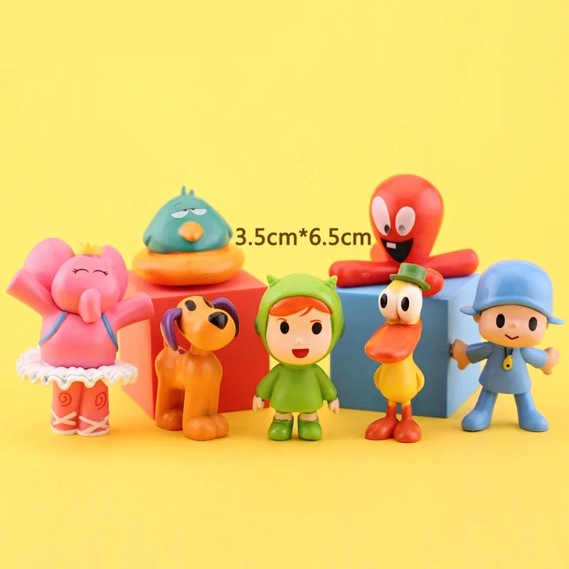 7 sztuk/zestaw Kawaii Pocoyo zabawka w kształcie zwierzątka ptak kaczka słoń lalka zabawka Model scena ozdoby Anime Cartoon śliczne figurki z pcv zabawki