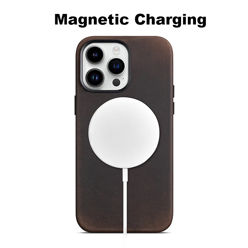Genuine Leather Case for iPhone 14 Pro Max Crazy Horse Leather Business Case for iPhone 13 Pro Max Magnetic Charging Phone Cover