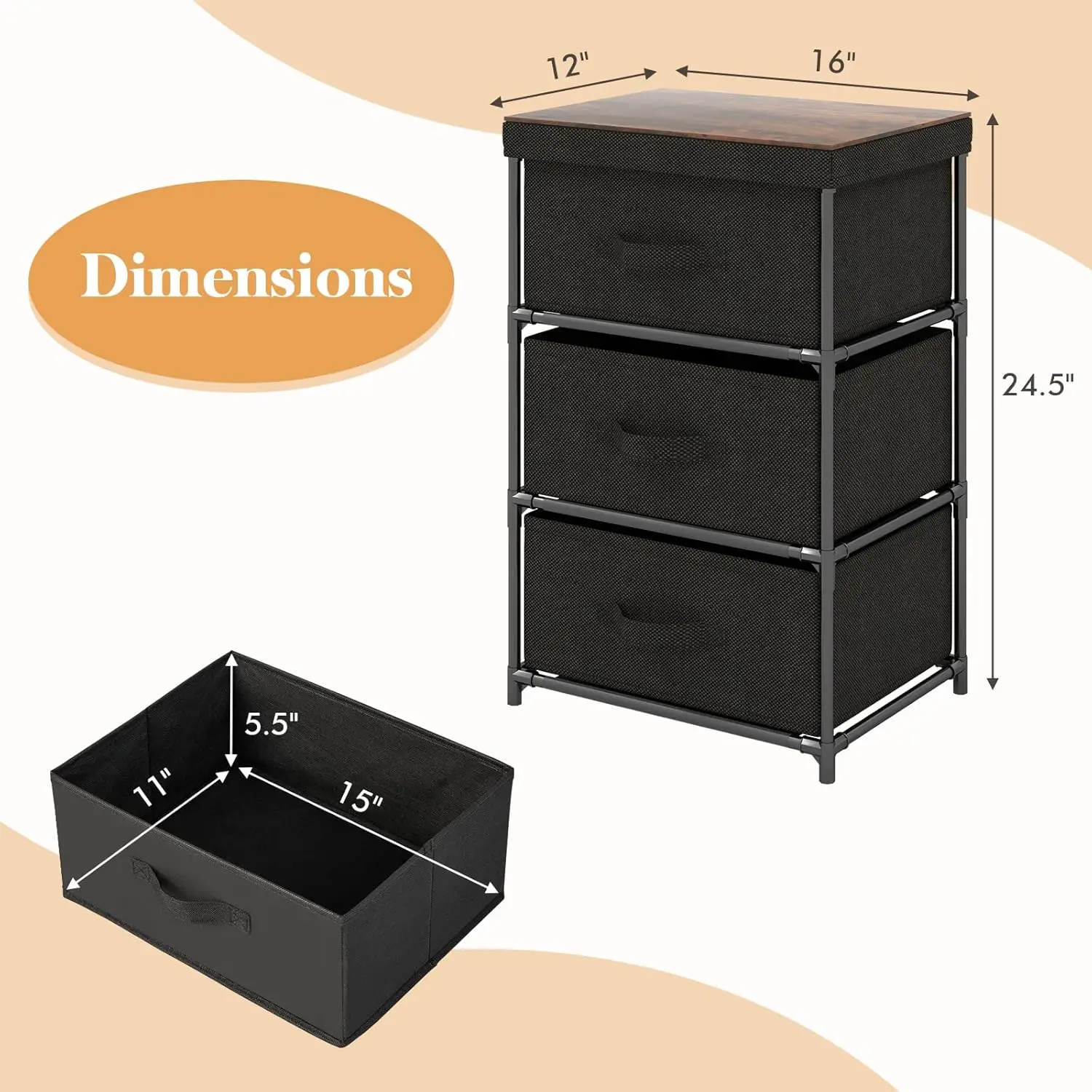 

Giantex Nightstand With 3 Fabric Drawers, 24.5"" Storage Dresser With Metal Frame And Wood Top For Closet, 3-Drawer Bedside