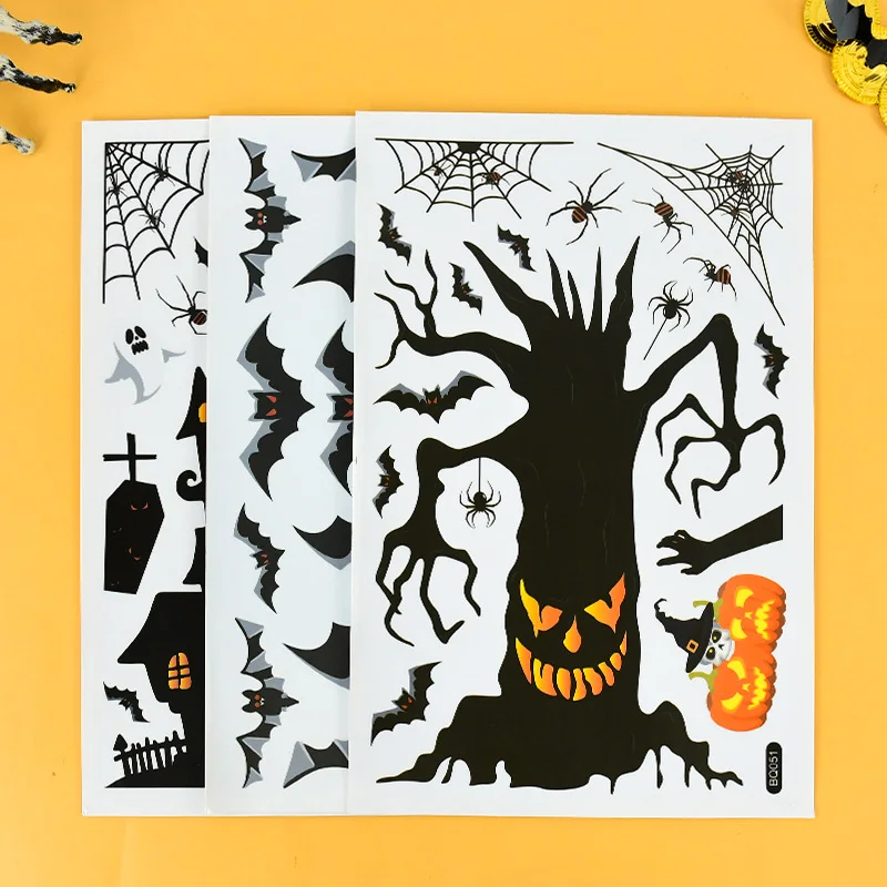 

3Sheet Halloween Window Sticker Scary Pumpkin Bat Spider Sticker Halloween Party 2024 Home Interior Room Haunted House Decor