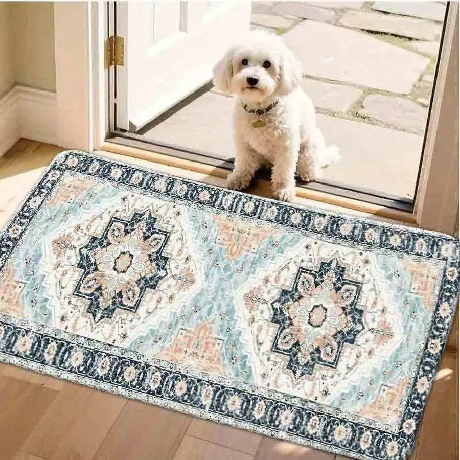 1pc Flannel Floor MatVintage Style Geometric Medallion Print Area Rug Distressed Traditional Floor MatNon-Slip, Machine Washable, Soft Area Rug For Home Living