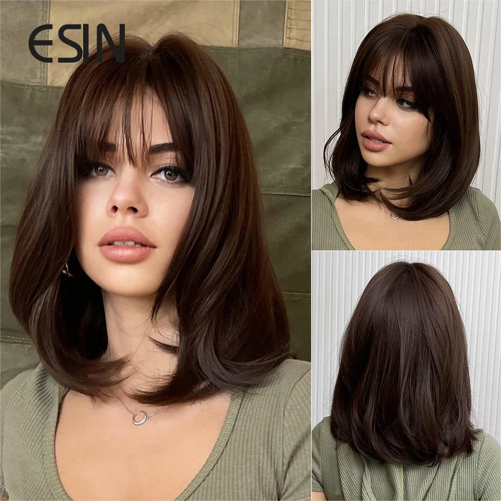 ESIN Synthetic Natural Brown Wig Straight Bob Daily Wigs with Bangs Brown Medium Length Party Wigs for Women Cosplay Hairstyle