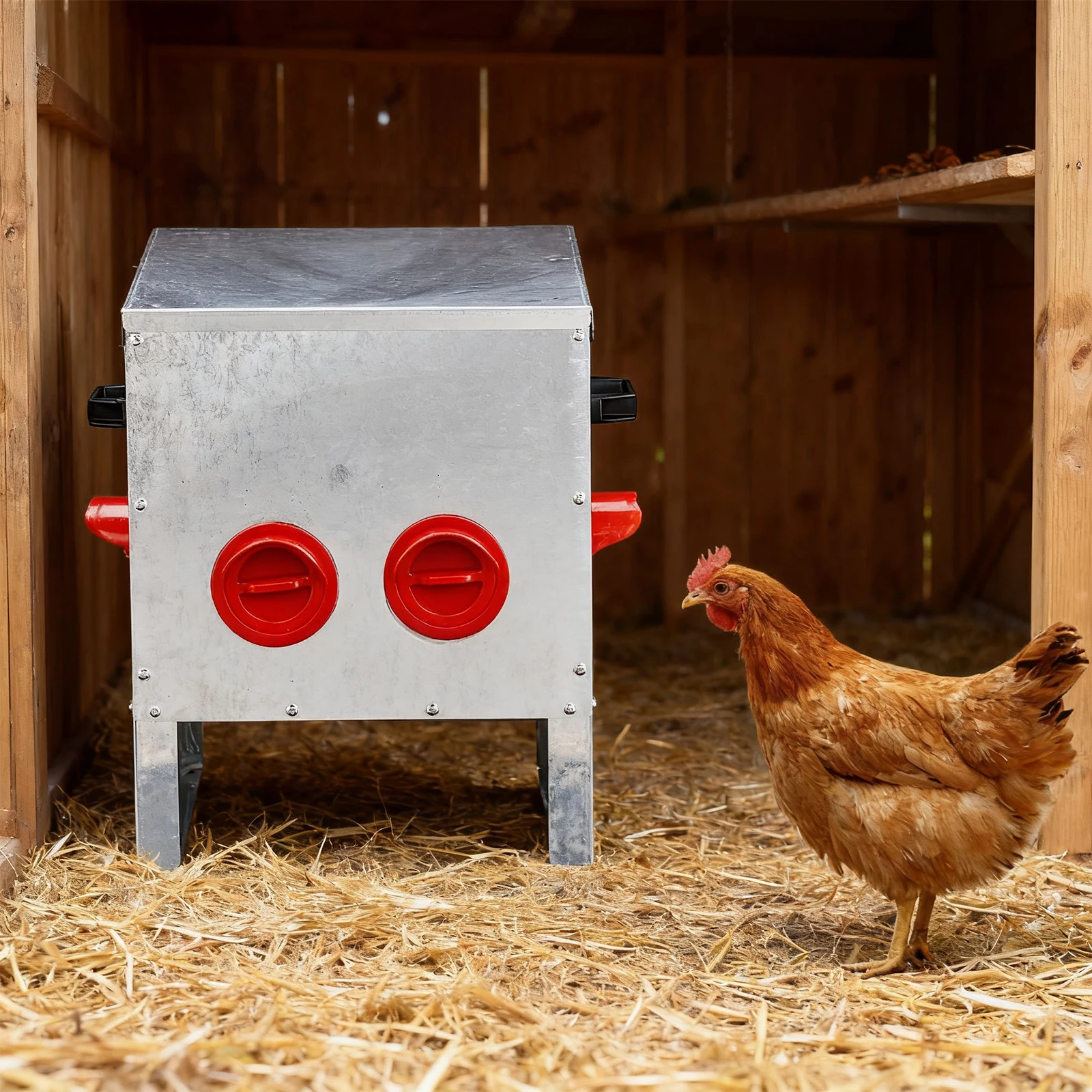

4 mouths of 40 * 38 * 40cm square, silver + red, fully disassembled, galvanized sheet + plastic, feeding supplies