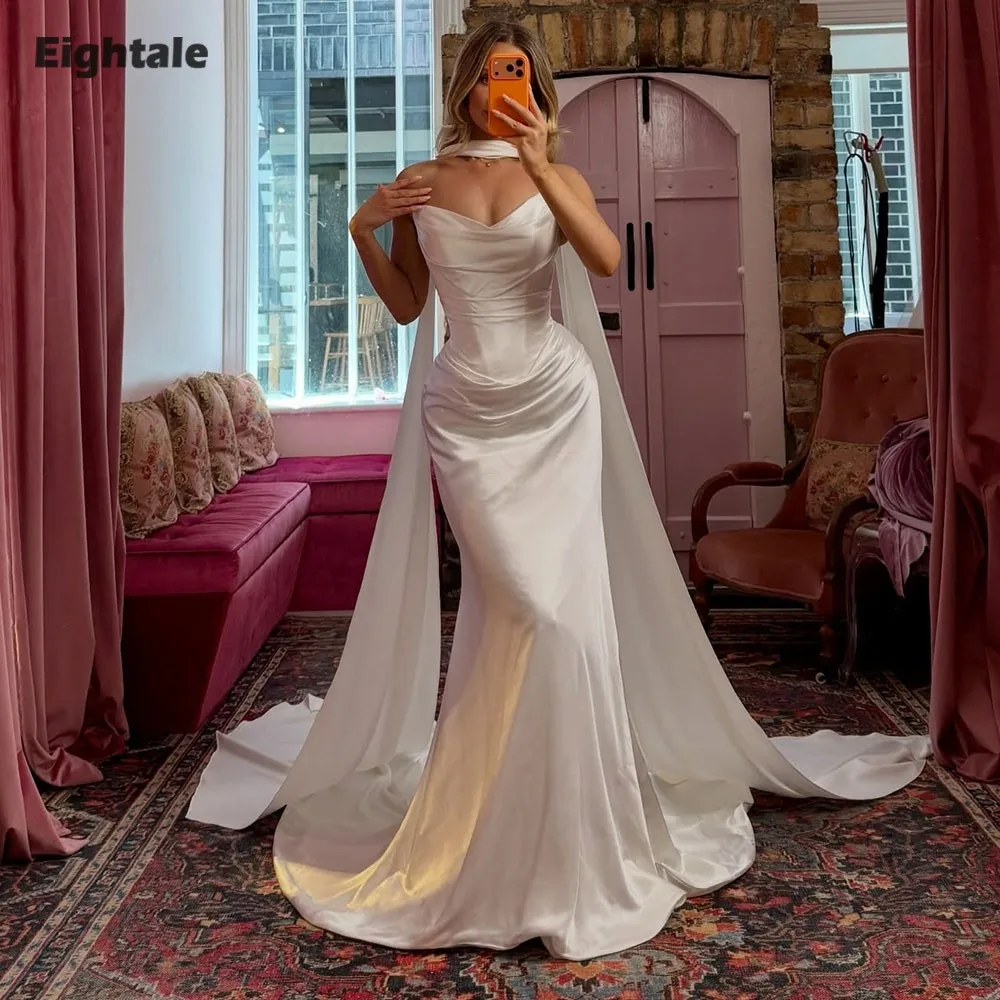 

Eightale Arabic Wedding Dress Customized Ivory Sweetheart Satin Halter Bridal Gown Muslim Mermaid Bride Party Dress