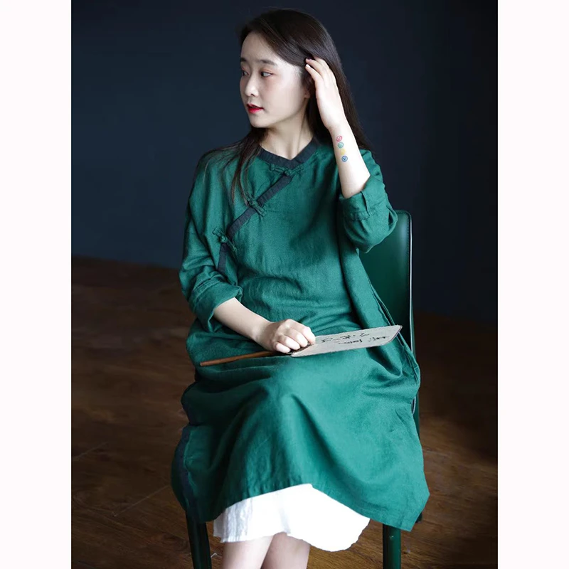 

Spring New Chinese Style Women Long Sleeve Loose Knee-length Dress Vintage Button Cotton Linen A-line Dresses Good Quality J64