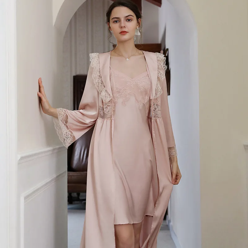 Sexy Women Satin Night Dress Ice Silk Two Pieces Spring Autumn Robe Sets Lace V Neck Nightgown Fairy Sweet Sleepwear Nightwear