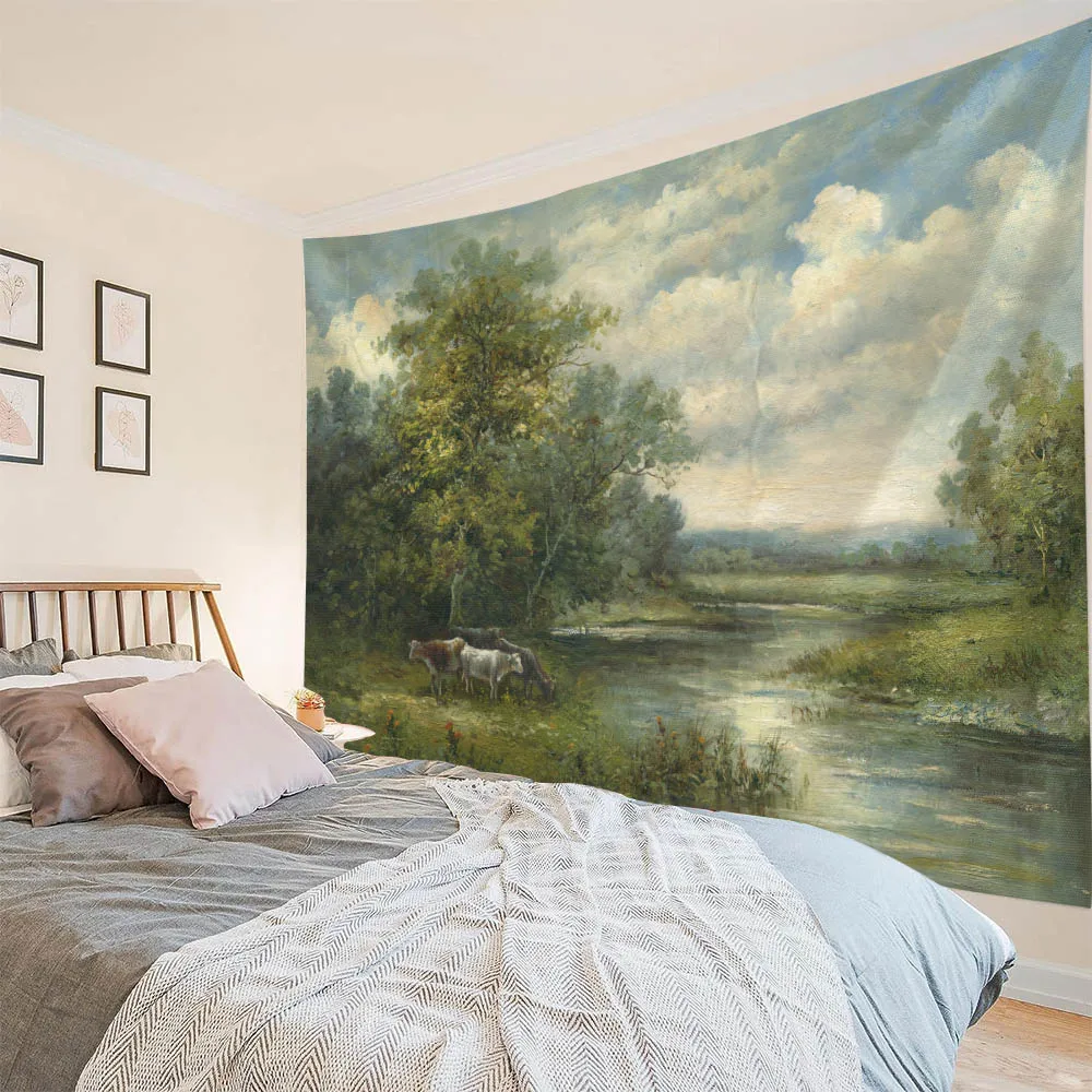 Rural scenery oil painting wall tapestry, retro oil painting, suitable for aesthetic wall decoration in bedrooms, living rooms 4