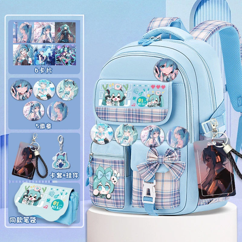 Cute Hatsune Miku Backpack Anime Peripheral Cartoon Schoolbag Kawaii Large Capacity Storage Bag Badge Pencil Case 46x32x20cm