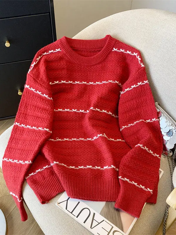 

Женский вязаный свитер больших размеров, круглый Ne Long Sve, мягкий полосатый корейский повседневный свободный крой, зимний топ