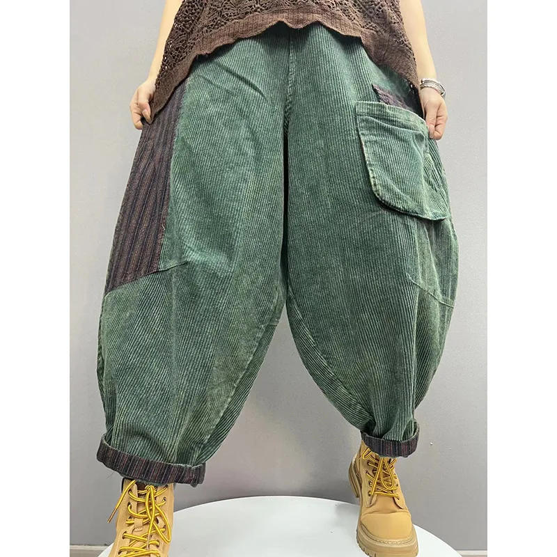 HotCorduroy Pants Women Casual Street Loose Pantalons Autumn Japanese Korean Style Patchwork Design Harem Punk Wide Leg Trousers