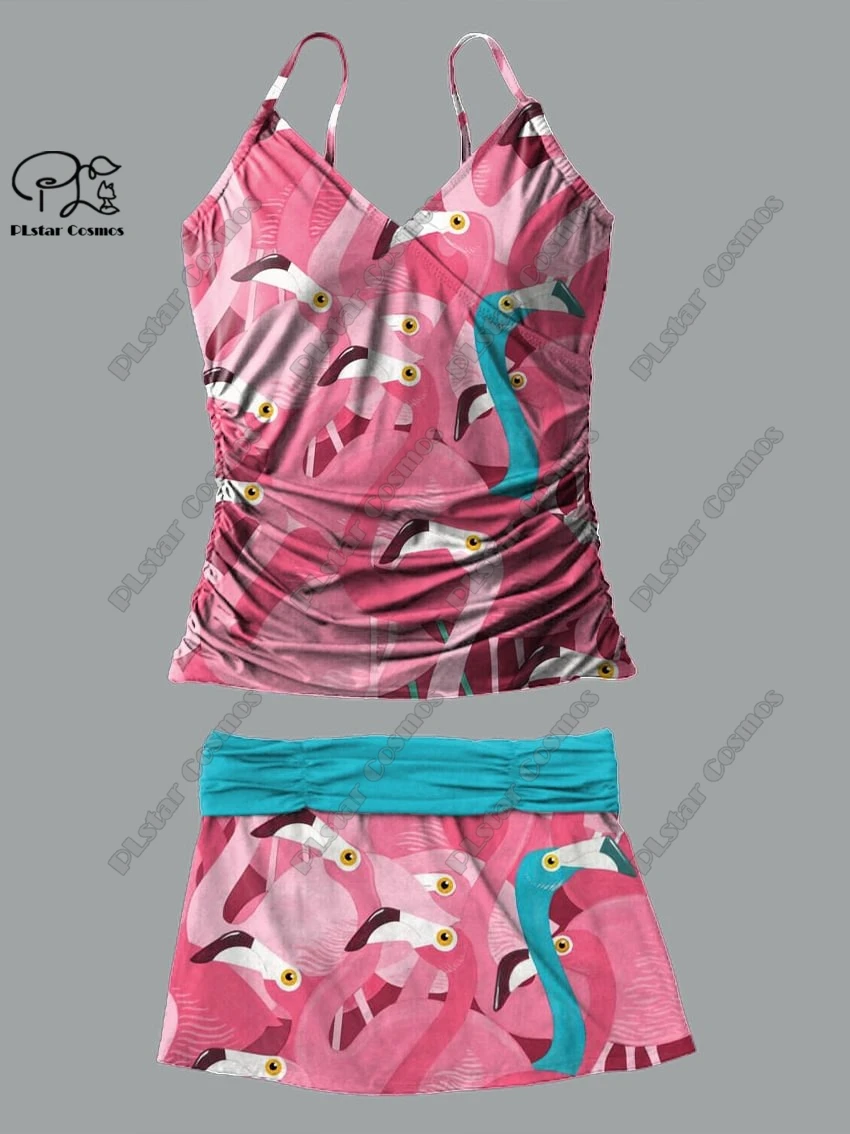 Women's V-neck summer flamingo flower 3D printed suspender skirt style two-piece swimsuit suit holiday travel new swimsuit H-4