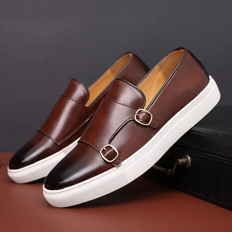 Fashion Man Casual Shoes Leather Men\'s Retro British Style Loafers Slip-on Outdoor Flats Double Monk Business Daily Shoe