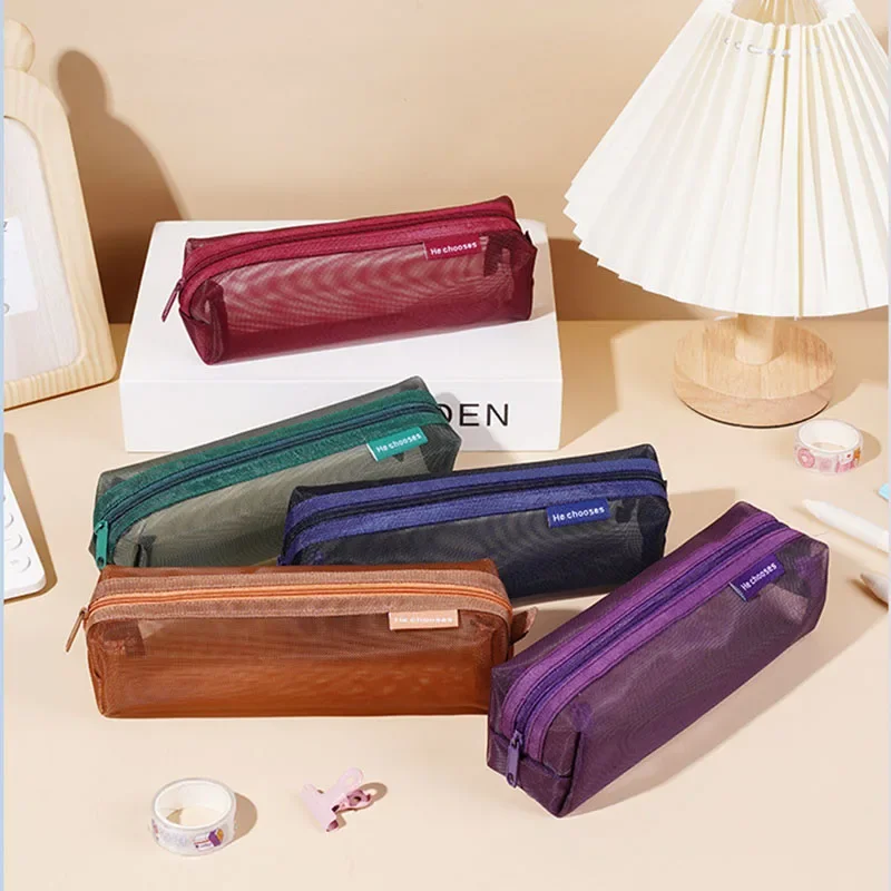 Simple Transparent Nylon Mesh Cosmetic Bag Student Stationery Bag Pencil Case Large Capacity Portable Storage Bag Makeup Pouch