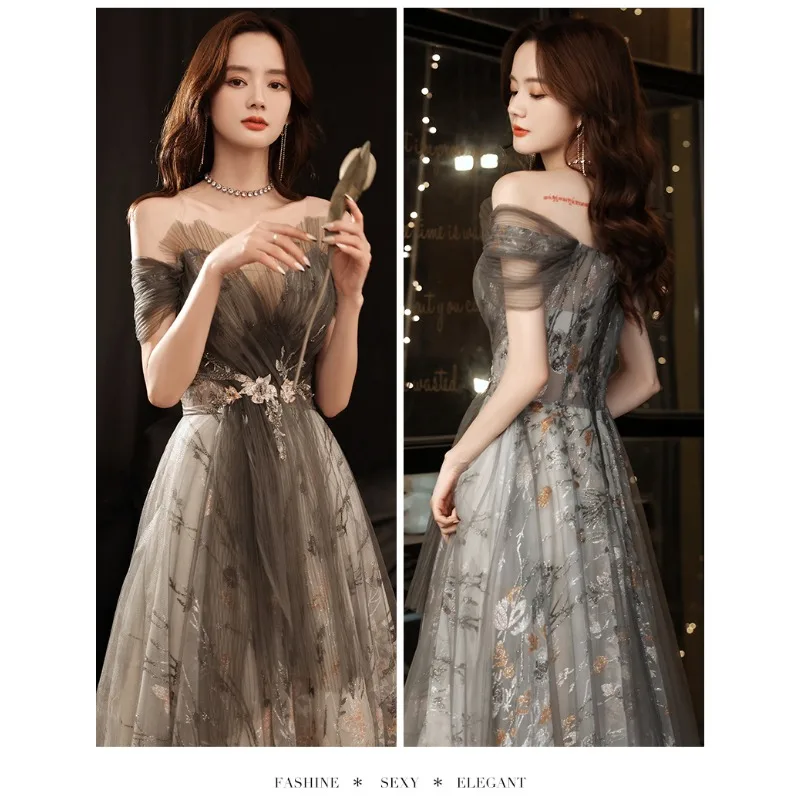 Women's New Grey One Shoulder Mesh Highlight Evening Dress Fashionable Slimming Temperament Elegant Banquet Minimalist Dress