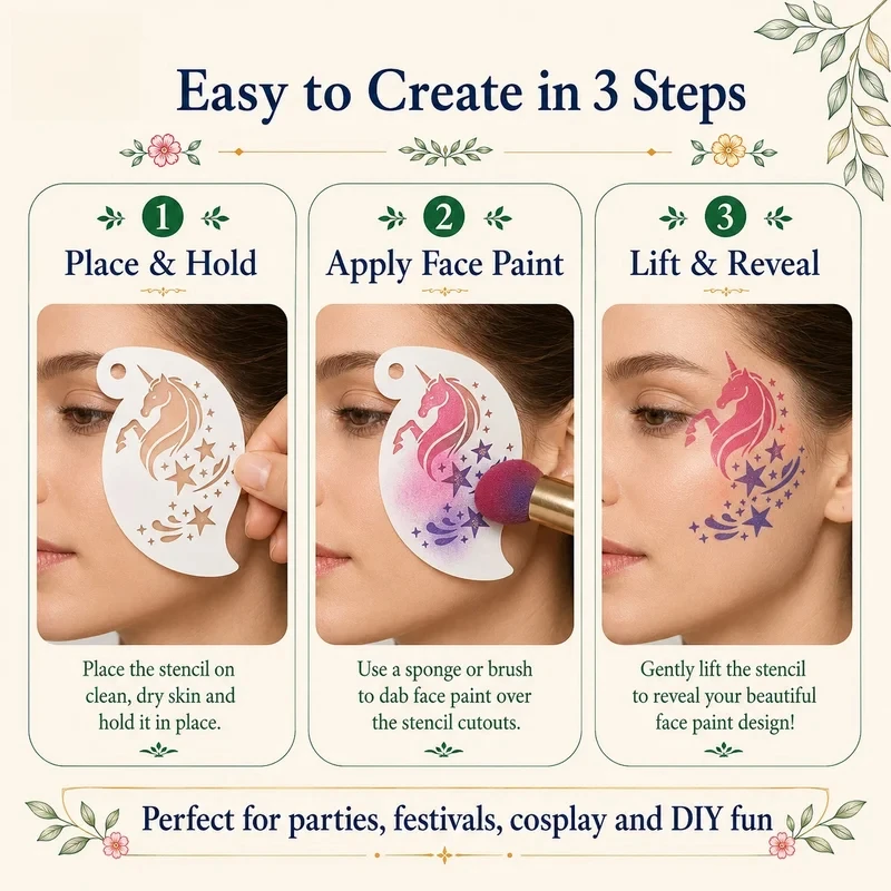 16Pcs Face Painting Stencils Reusable PET Body Art Templates Unicorn Butterfly Fairy Mermaid Makeup Tattoo Kids Party DIY