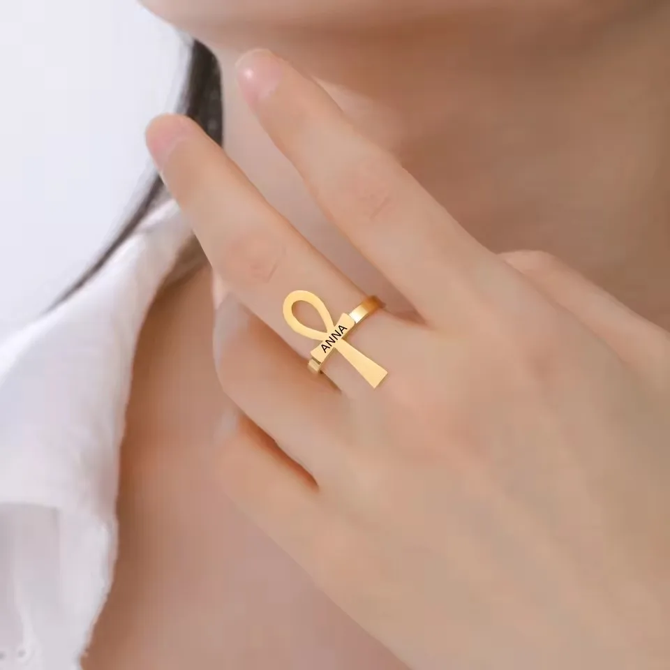 Sipuris Kreuz-Ring mit individueller Gravur für Damen und Herren, personalisierter afrikanischer ägyptischer Ankh-Buchstabenring, Schmuckgeschenk – Detail 6
