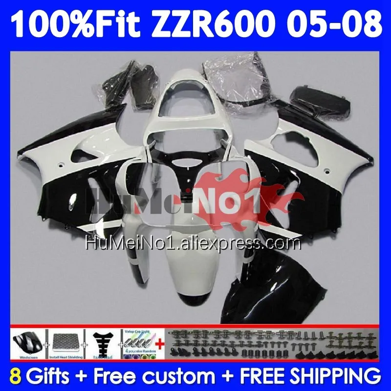 Injection Body For KAWASAKI NINJA ZZR-600 ZZR 600 CC 204No.45 white glossy ZZR600 05 06 07 08 2005 2006 2007 2008 OEM Fairings