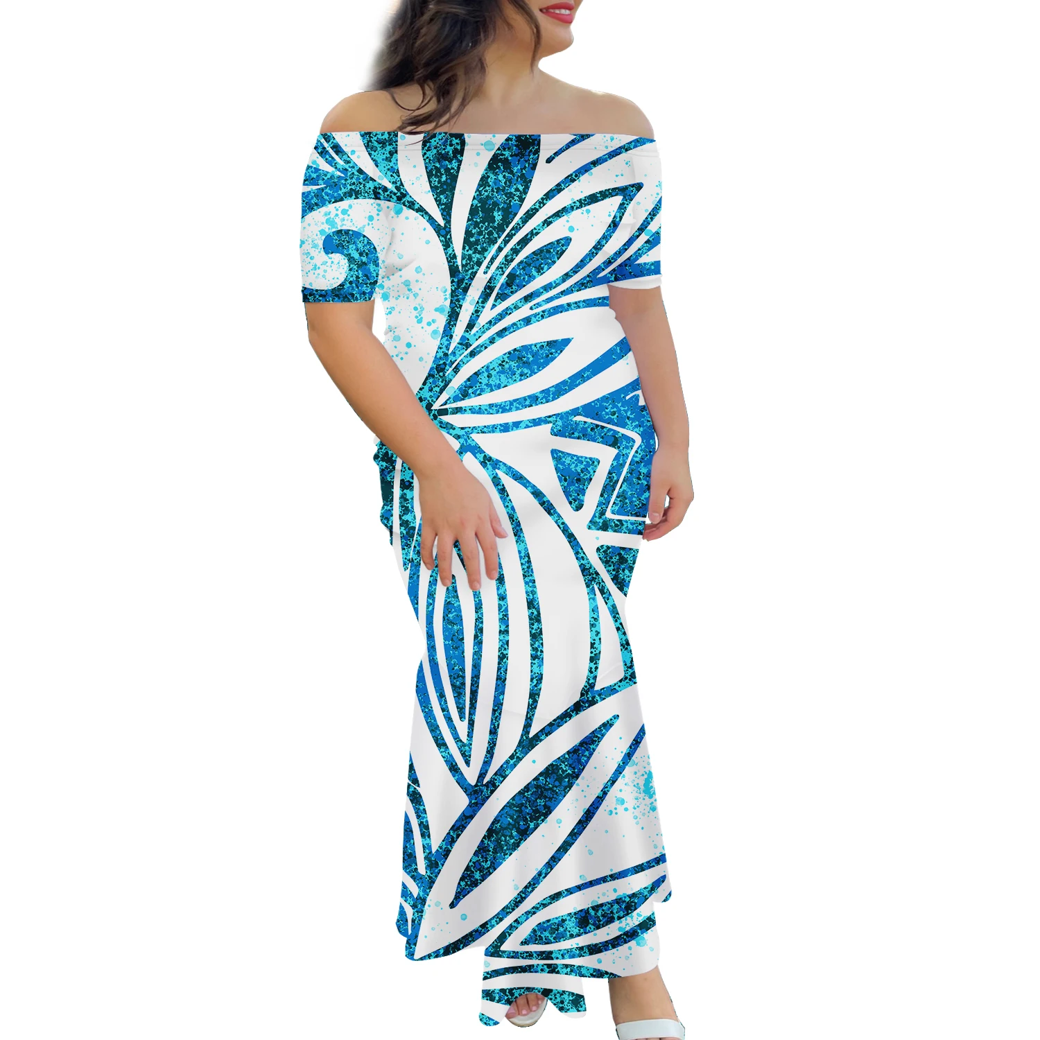 1 MOQ Big People Women's 8XL Milk Silk Drape Off Shoulder Dress Polynesian Samoan Pia Luxury Design One Shoulder Fishtail Dress