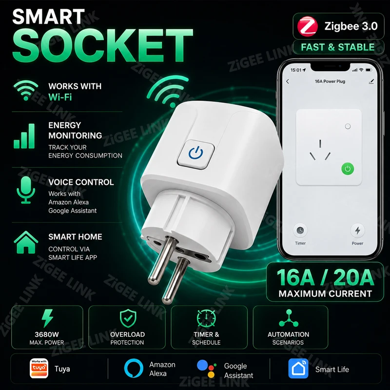 WiFi Or Zigbee3.0 EU Smart Plug Power Monitor Outlet Wireless Remote Timing Voice Control Socket For Home Appliance Alexa Google