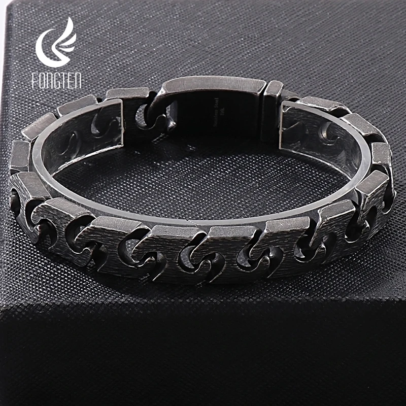 

Fongten 22cm Cuban Chain Bracelet for Men Stainless Steel Male Wirstband Bracelets Bangle Rotre Black Silver Color Jewelry