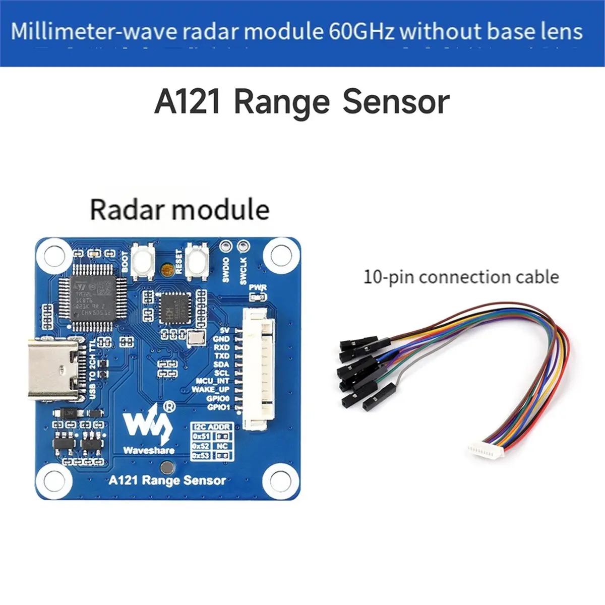 Y69A Waveshare A121 Range Sensor Millimeter-Wave Radar Module 60GHz-PCR Vital Signs Motion Detection USB/UART/I2C Detector