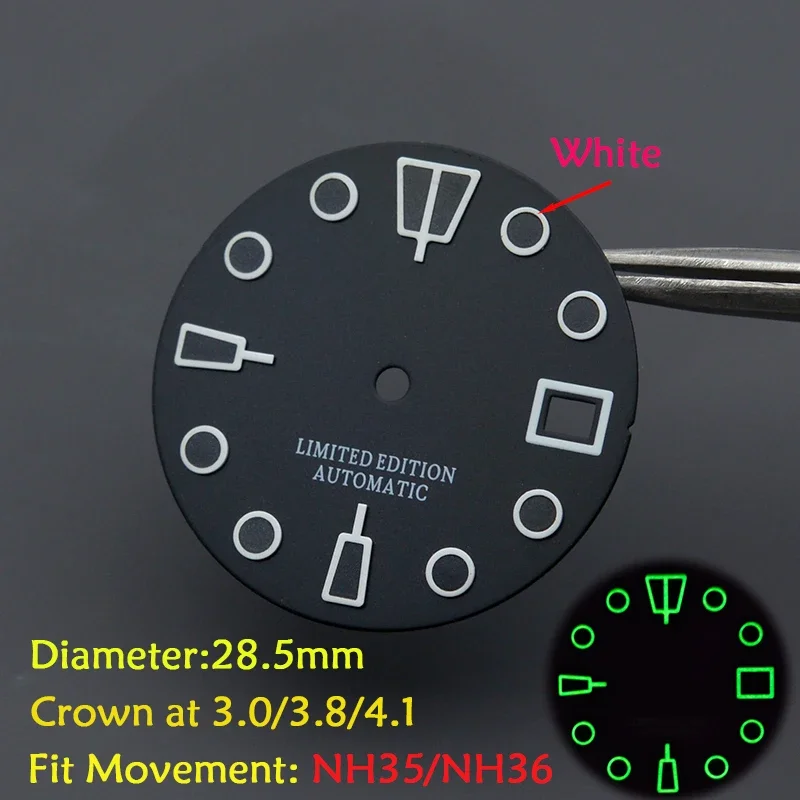 

Матовый черный циферблат часов 28,5 мм подходит для SKX007 SKX009 6105 SRPD Часы Tuna Monster Turtle для механизма NH35 NH36 с зеленым супер C3