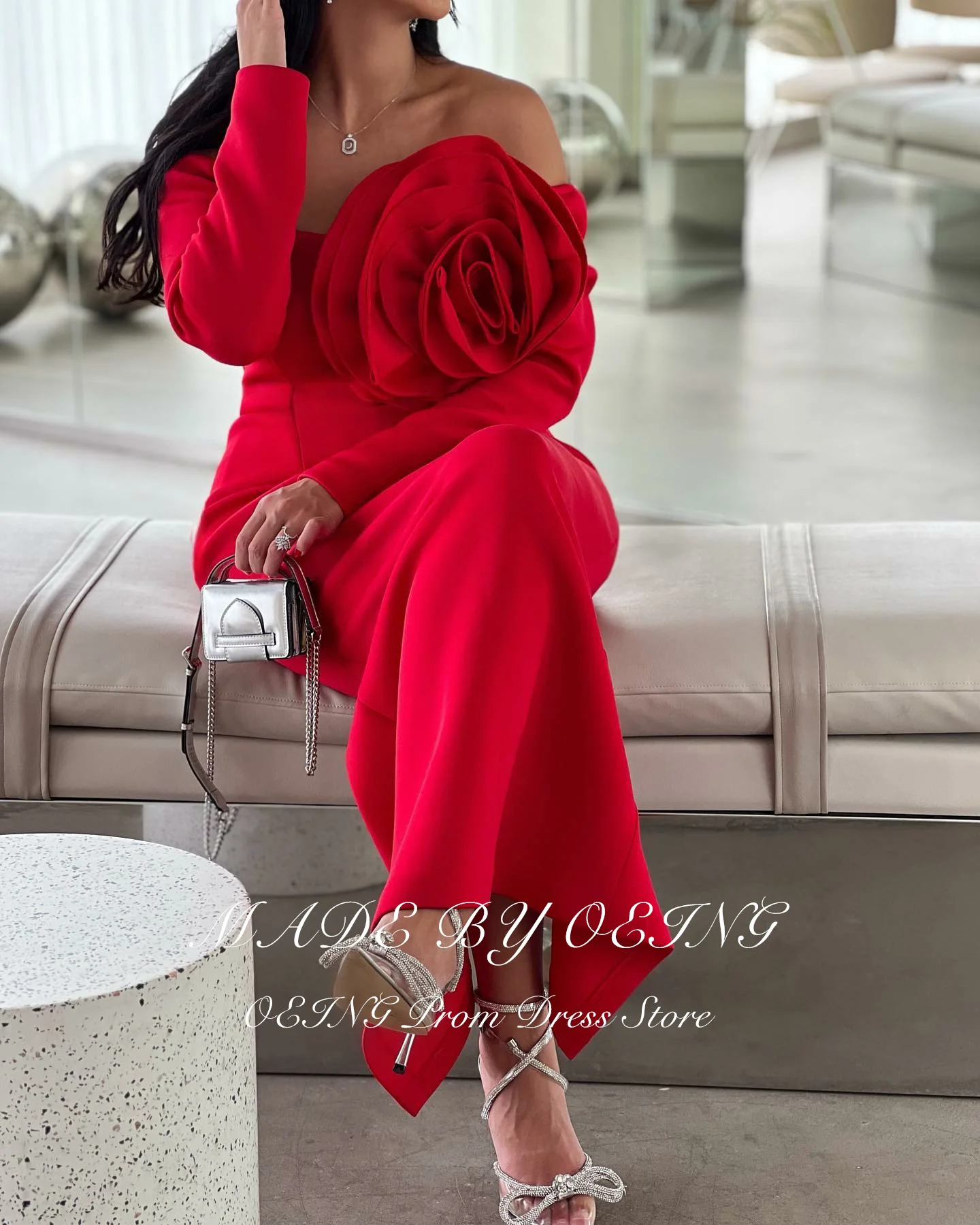 OEING Red Prom Dresses Off Shoulder 3D Flower Long Sleeves Evening Dress Tea Length Formal Gown Vestidos De Noche Customized