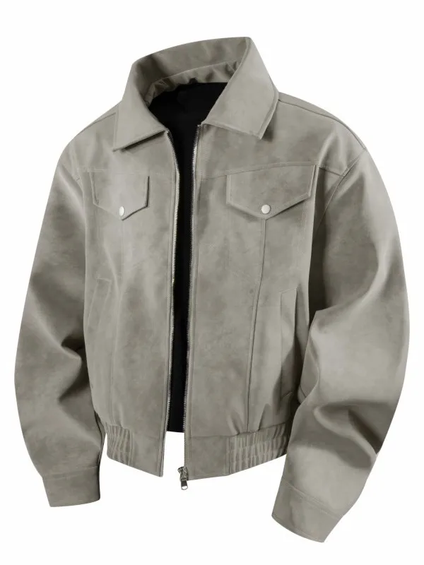 

Casual Style Men's Short Loose Fit Leather Jacket Trendy Turn-down Collar Retro Windproof Polyester Fiber Zipper Closure Coat
