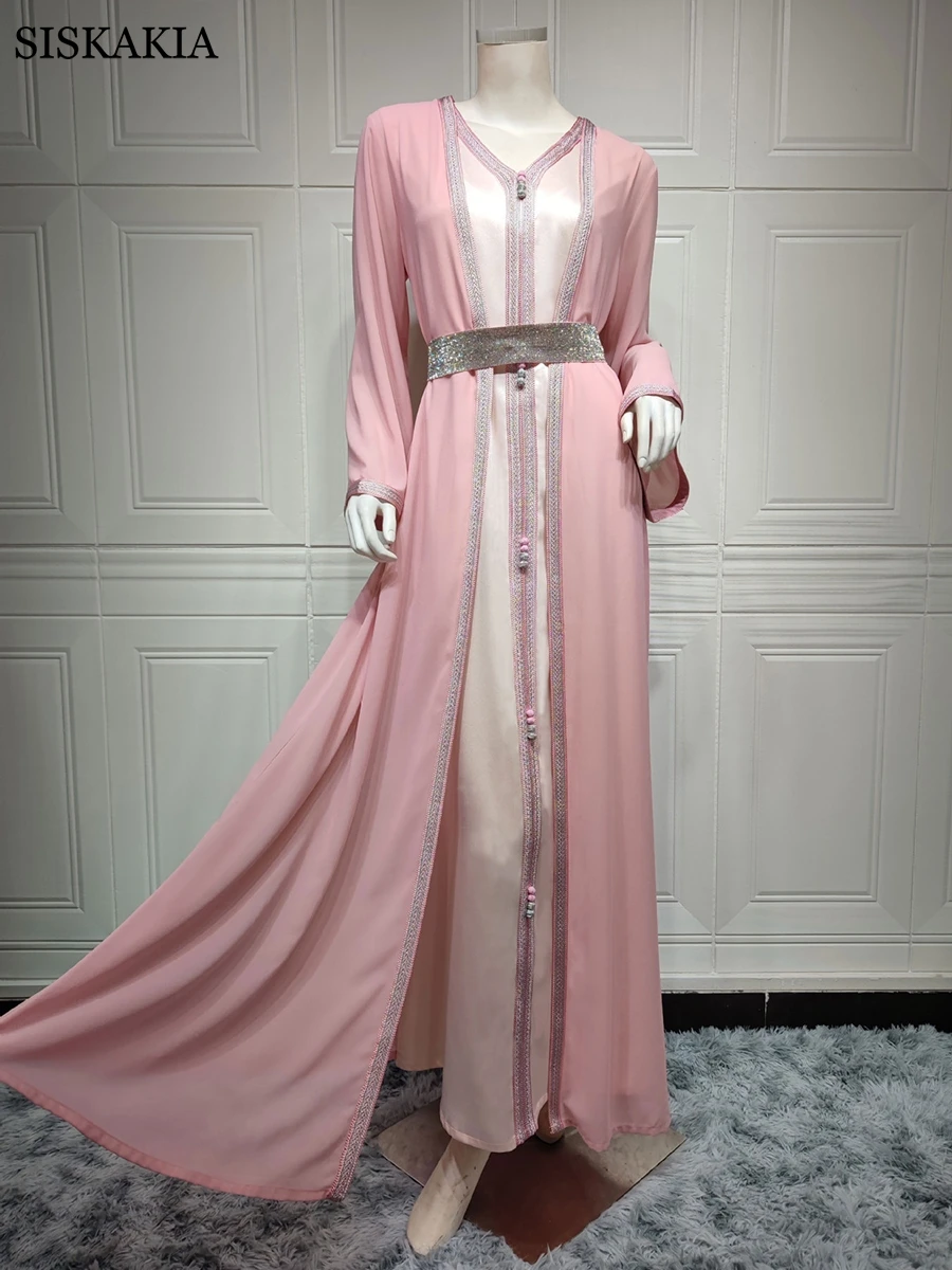 Two Pieces Abaya Set Women Vest Long Dress with Chiffon Outerwear Mubarak Eid Muslim Moroccan Caftan Arabic Oman Dubai Jalabiya