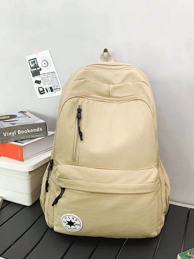 Mochila escolar de nylon impermeável, grande capacidade, zíper liso, cor sólida, mochila casual para adolescentes, fonte do estudante