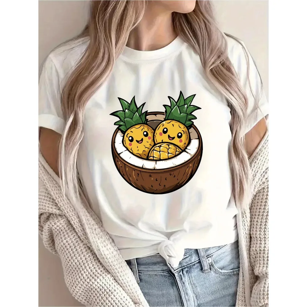 Camiseta con estampado de dibujos animados de piña y coco para mujer, pantalón corto informal de manga corta con cuello redondo, ropa de calle Harajuku de manga corta para verano