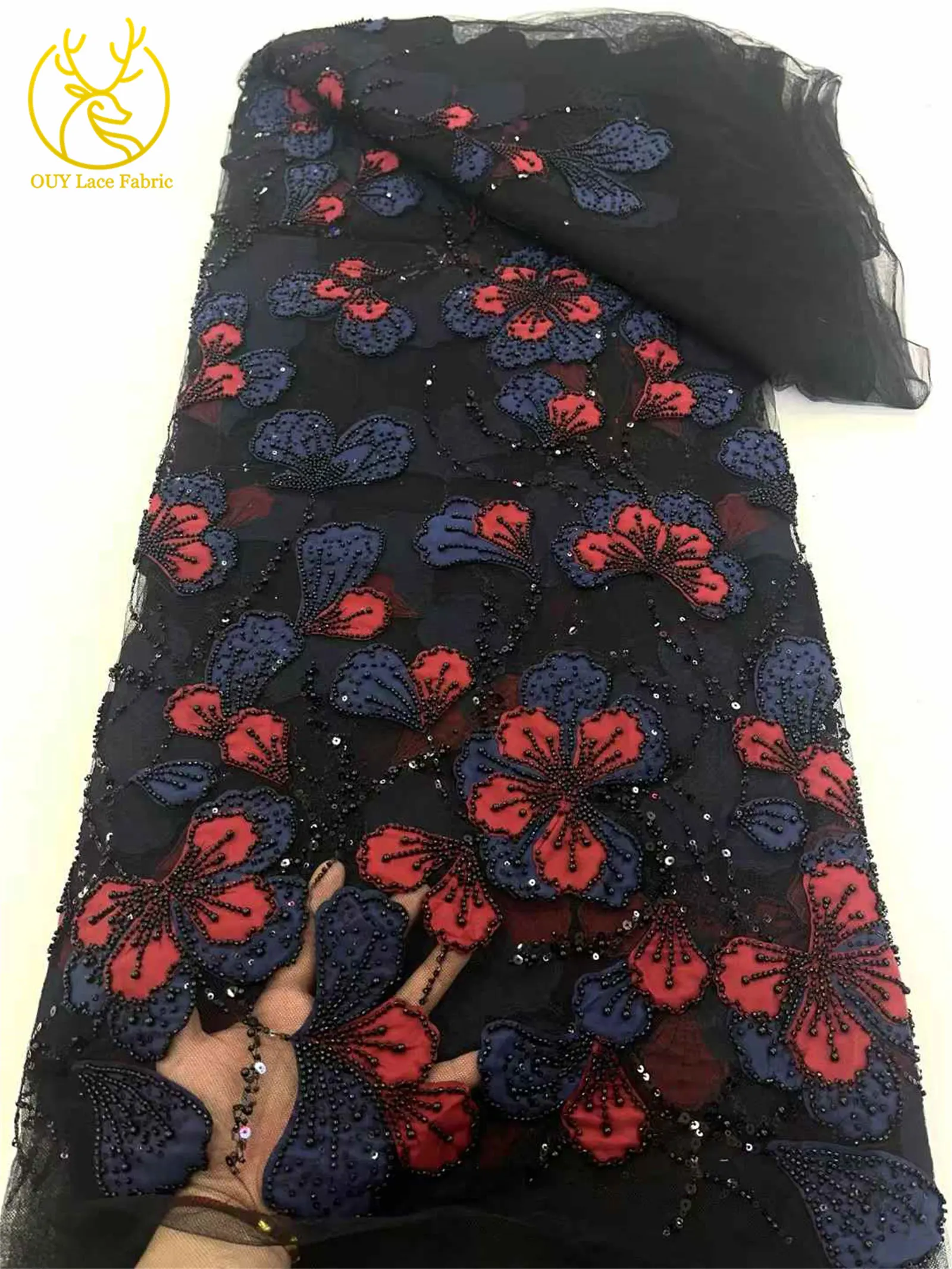 Beautiful African Beaded Sequin Lace Fabric Fashion French Nigerian Tulle Lace Fabric for Women Party Dresses Sewing 5 Yards