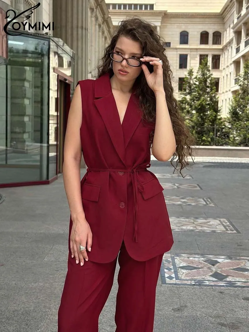 Oymimi Fashion Red 2 Piece Sets Women Outfit Elegant Lapel Sleeveless Lace-Up Button Shirts And Simple Straight Trousers Sets