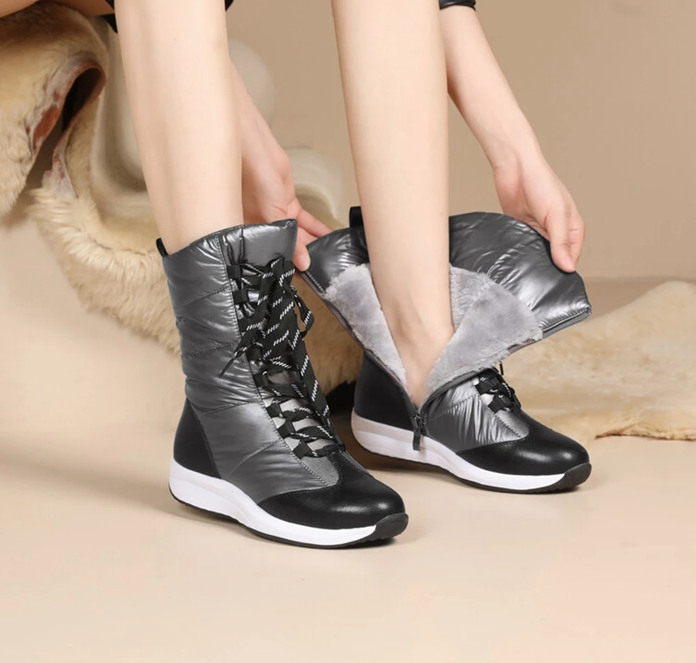 Winter Keep Warm Plush Leather Snow Boots Women Platform Shoes Wedges Zip Cross Straps Waterproof Female Booties Size 35-44 125s image 6