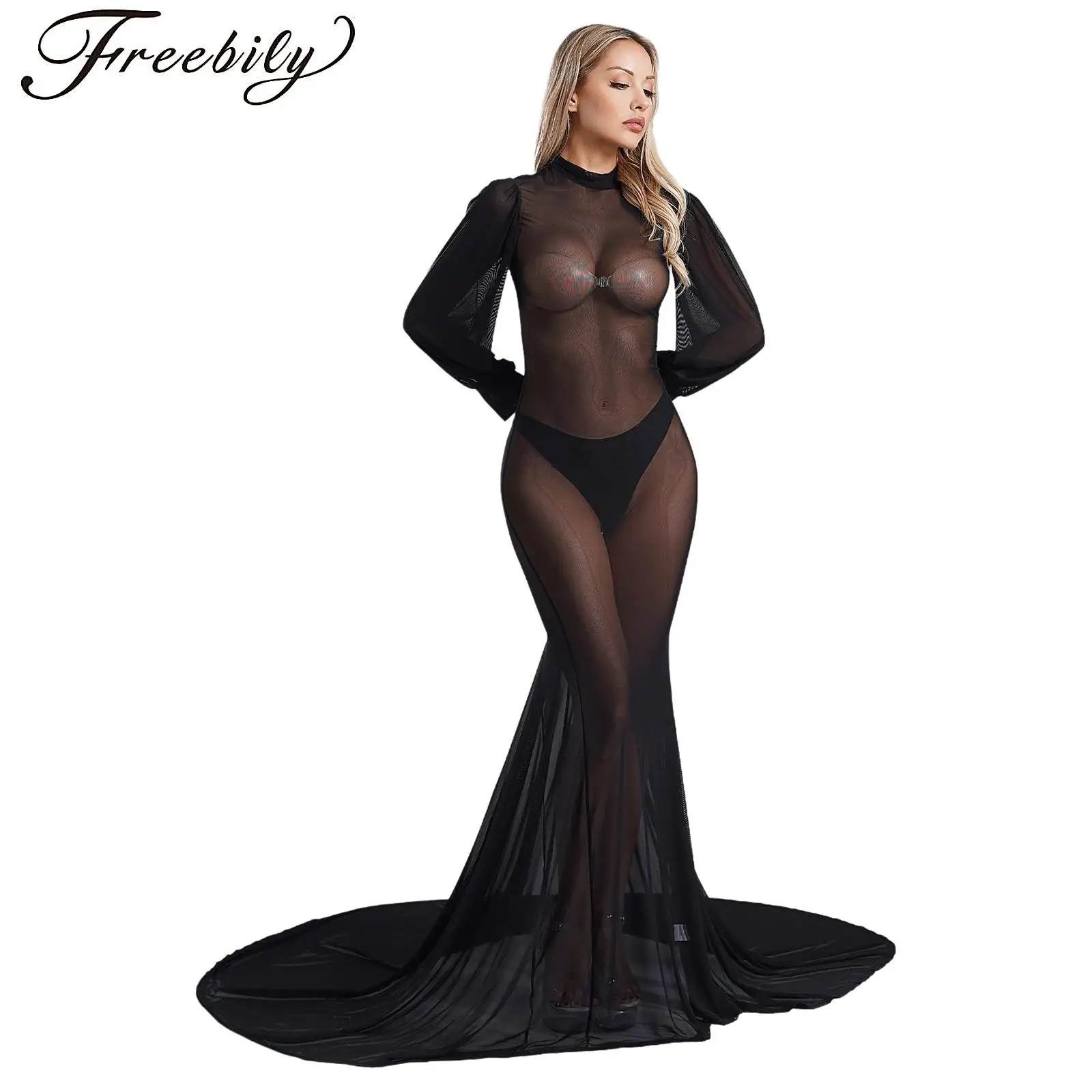 

Womens Hollow Out Dress Mesh See-Through High Collar Long Sleeve Court Train Sheer Cover-up Maxi Dress for Photography Nightwear