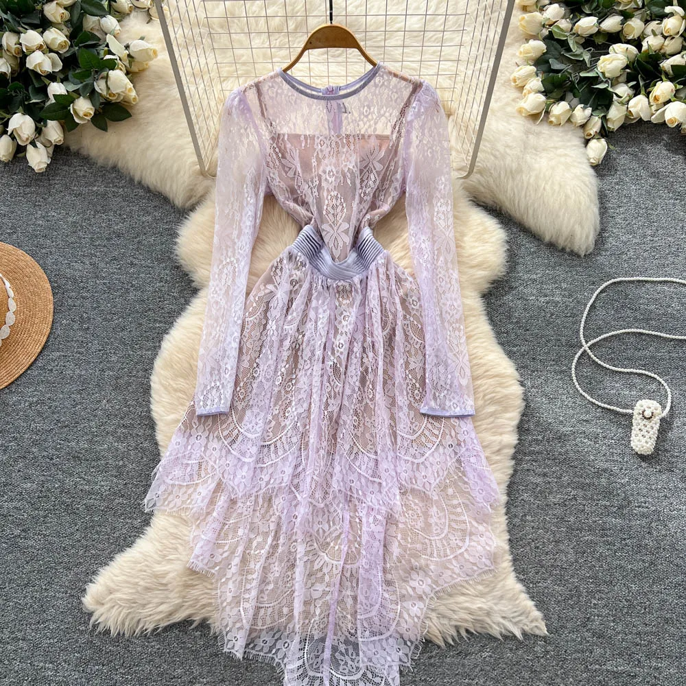 Französisches High-End-elegantes sexy schiere Abendkleid für Damen, O-Ausschnitt, lange Ärmel, Spitze, asymmetrischer Saum, kurzes Kleid, High Street Bankett