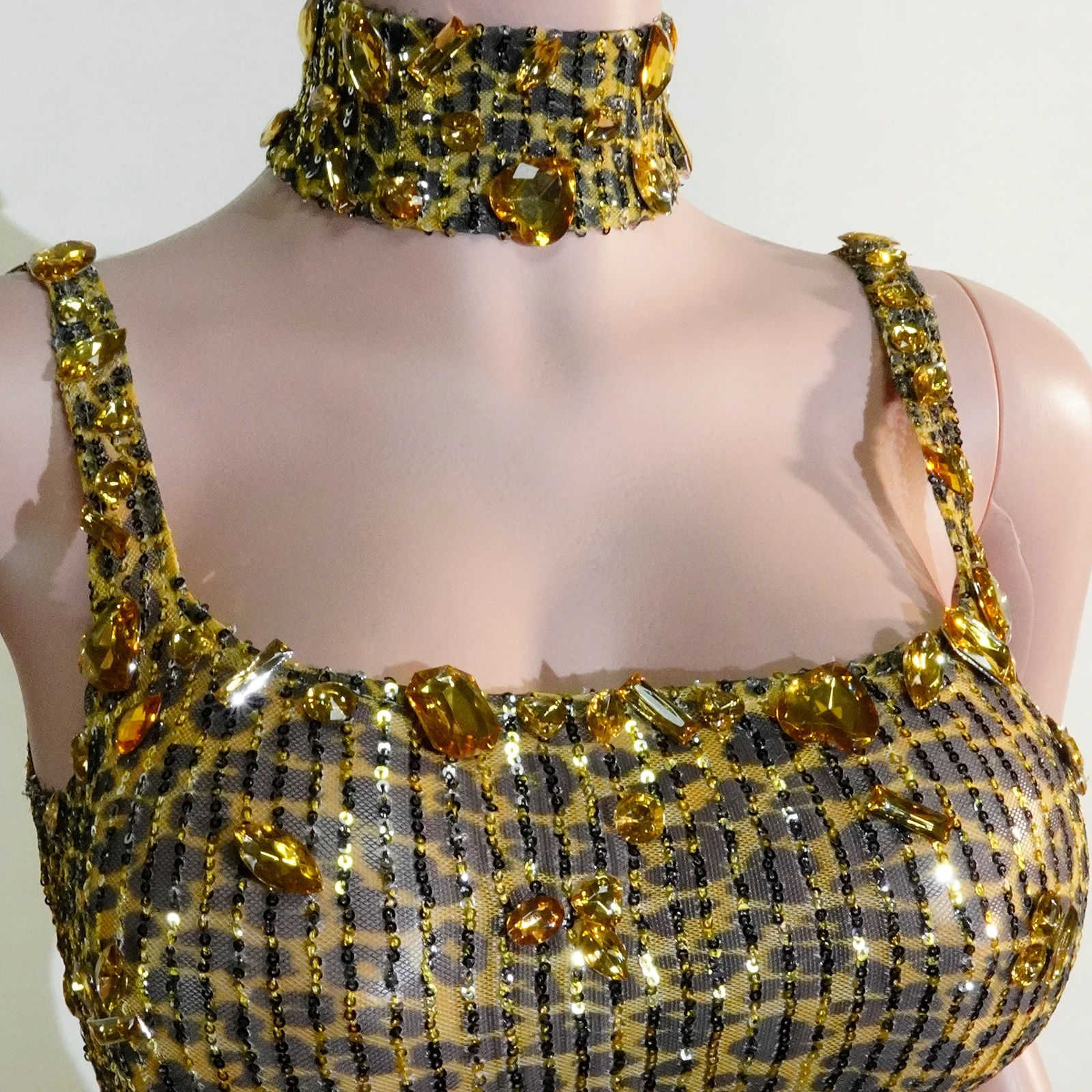 Robe en cristal imprimé léopard à paillettes dorées, vêtements de scène élégants, spectacle de chanteur, danse, Costume Drag Queen d'anniversaire