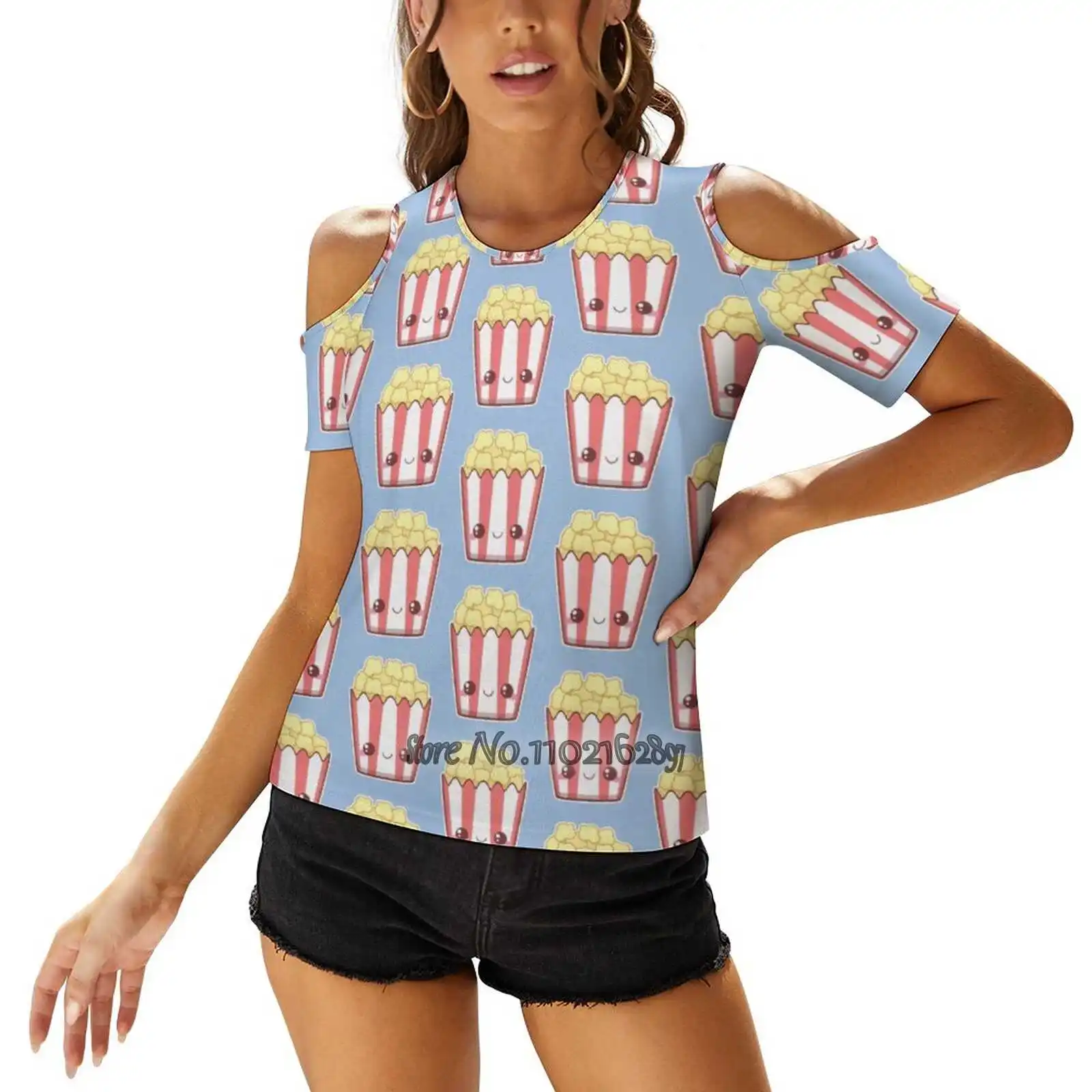 Popcorn! Women T-Shirt Back Lacing Casual Short Sleeve Tops Summer Tees Popcorn Movies Cinema Snack Cute Kawaii Nerd Geek Food