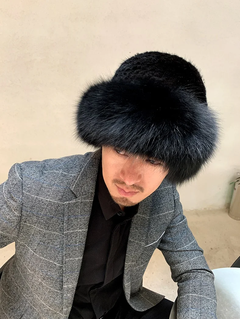 Men's Real Mink Fur Hat Fox Fur Brim Winter Warm Bucket Hat Outdoor Ski Cap Black