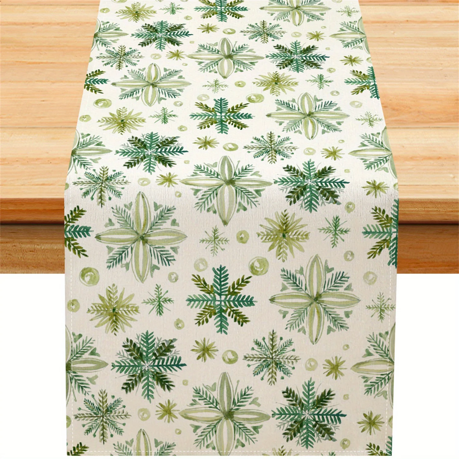 

Bohemian festive Christmas table runner with snowflakes and pine branches design for kitchen and dining table Christmas table de