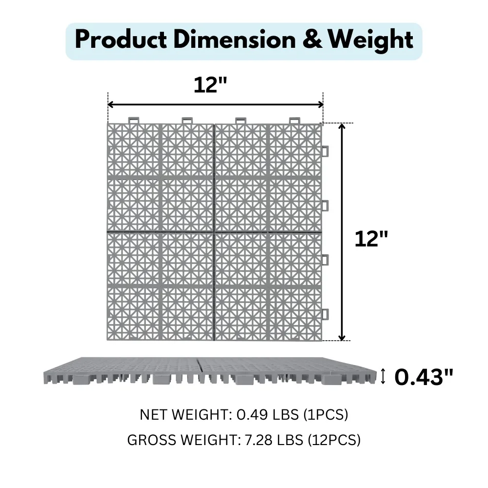 بلاط سطح متشابك باللون الرمادي من البلاستيك المقاوم للماء للاستخدام الخارجي وغير قابل للانزلاق وشرفة الحمام ونمط الورد الصلب مكون من 12 قطعة