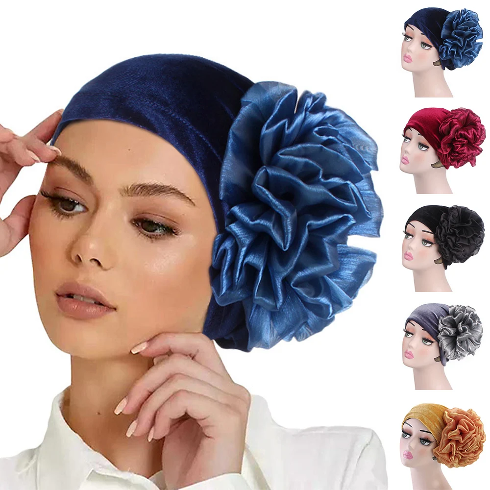 

Women's Large Flower Velvet Turban Head Wrap Bonnet Muslim Solid Hijab Headscarf Chemo Cap Beanie Hair Loss Head Cover Wrap