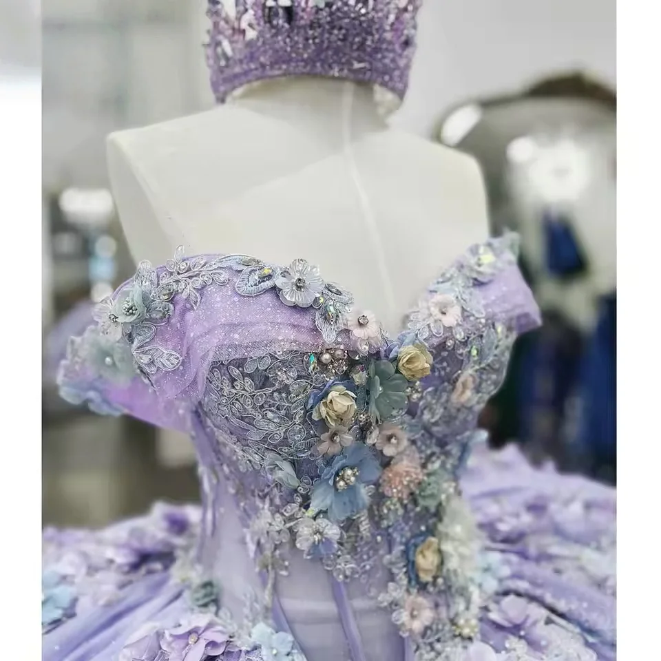 فساتين Quinceanera أرجوانية ثوب حفلة قبالة الكتف مزين بالزهور الحلو 16 فساتين 15 Años المكسيكي حسب الطلب #4