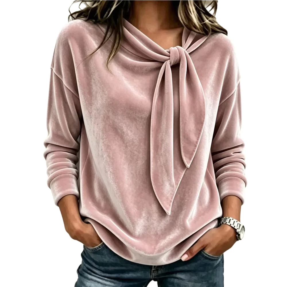 Women Autumn Winter Velvet T-Shirt Solid Color Bow Tie Neck Long Sleeve Elegant Shirt Casual Outfits Work Office Loose T Shirts