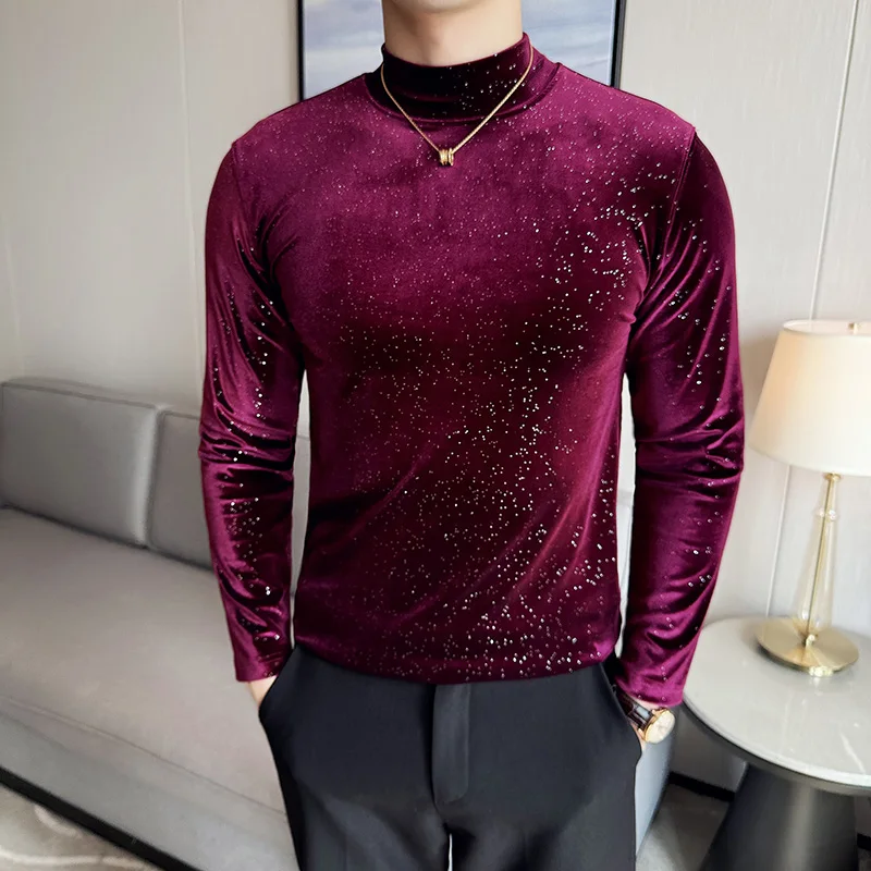 

Half-high-neck men's velvet bottoming shirt, luxurious slim stretchy pullover men's night club clothing.M-4XL