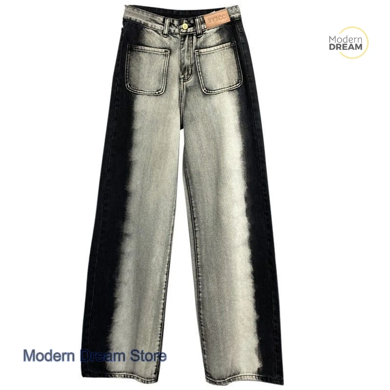 Amerikanische grau-schwarze farblich passende Plus-Size-Jeans für Damen im Frühling und Herbst, gerader Schlauch, lockeres Design, Joker-Mopp-Hose mit weitem Bein