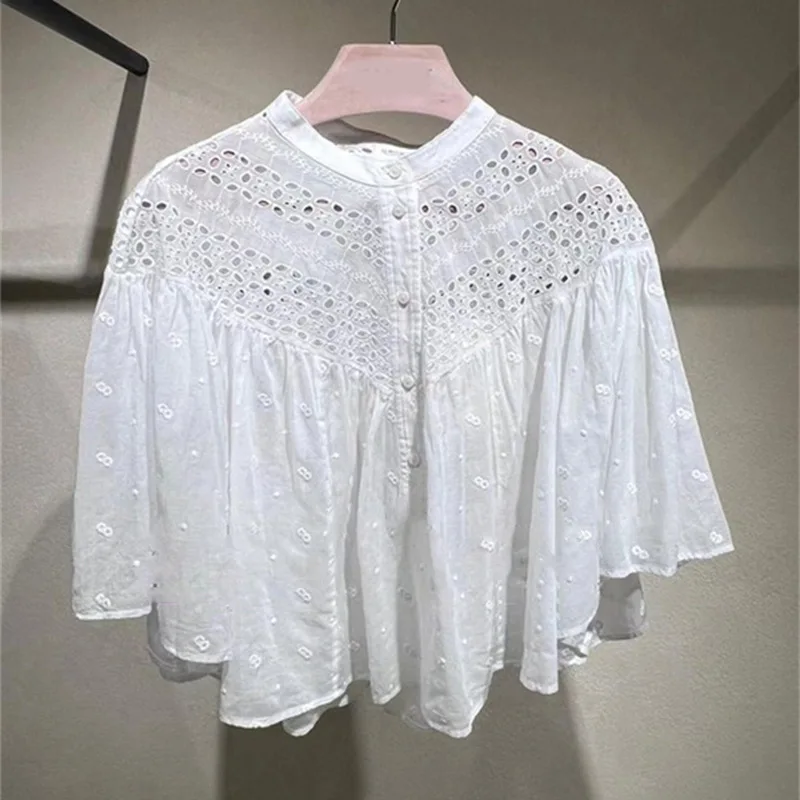 Niche 2024 spring/summer new sweet hollow flanged T-shirt blouse woman